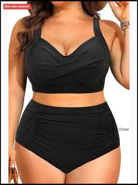 Plus Size High Waist Bikini Set with Tummy Control Ruched Full Coverage